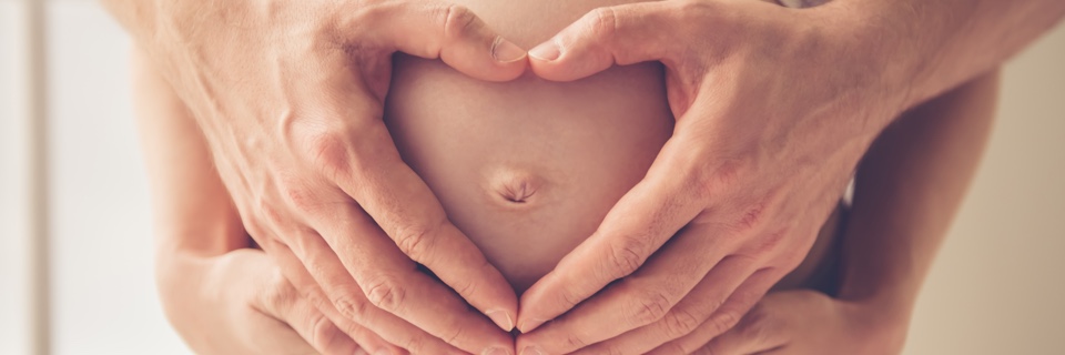 A pair of hands create a heart shape on the mother's belly