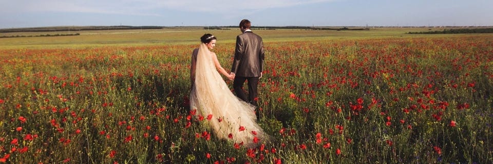 A field of poppies with a bride and groom in