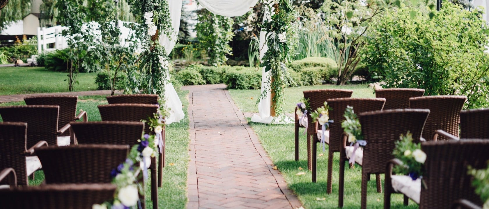 Garden wedding venue set up with flowers and chairs
