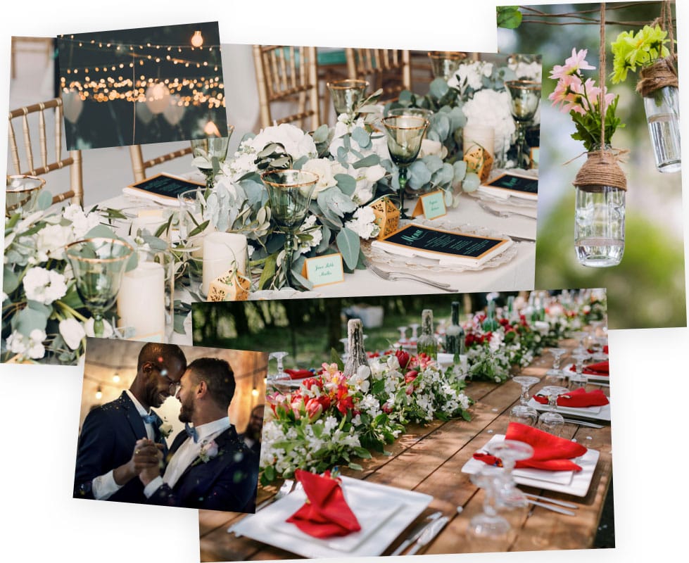 Multiple images set in a mood board layout depicting garden wedding scenes and ideas, includes flowers, lights in jars and red colour themes