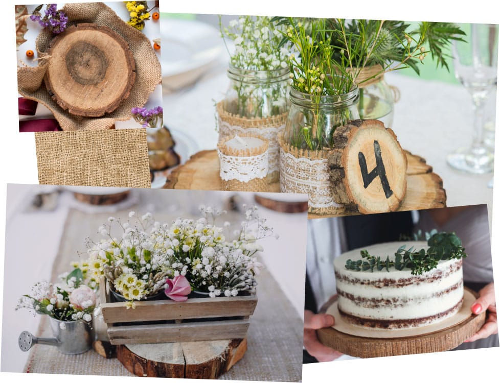 Multiple images set in a mood board layout depicting rustic themes and ideas consisting mainly of wooden logs