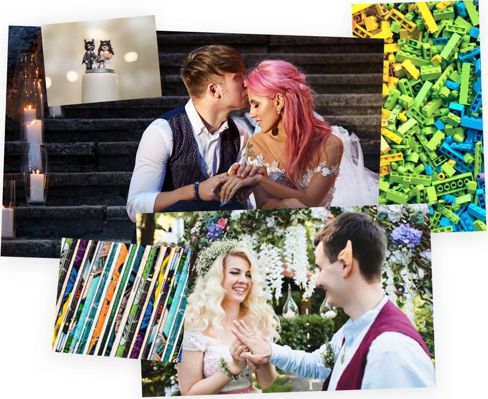 Multiple images set in a mood board layout depicting gaming ideas for weddings with lego, batman figurines and elf ears