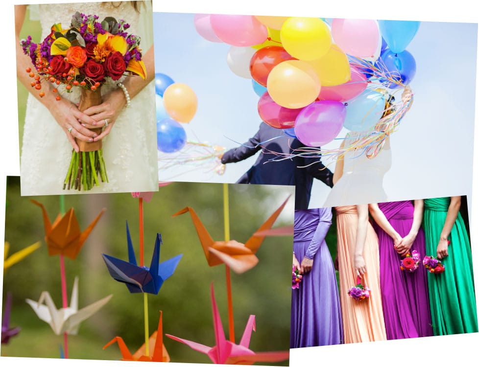 Multiple images set in a mood board layout depicting bright colours including balloons, multi-coloured bridesmaid dresses and origami