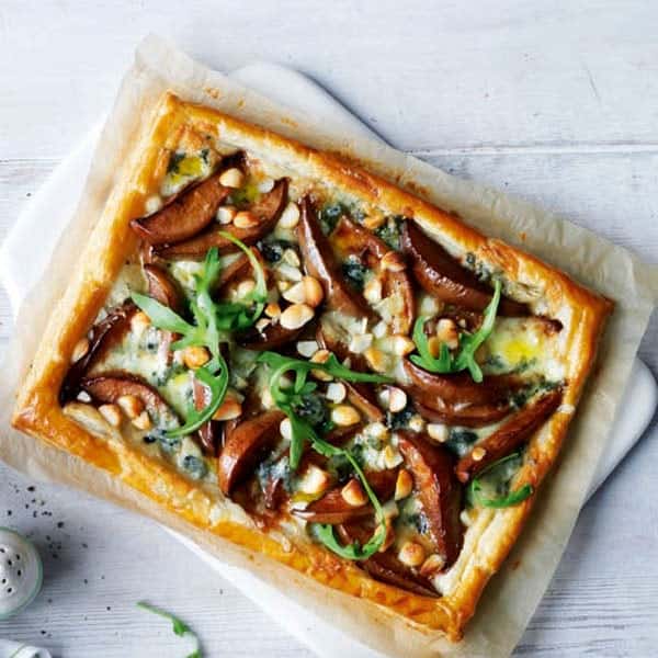 autumn fruit pear and blue cheese tart