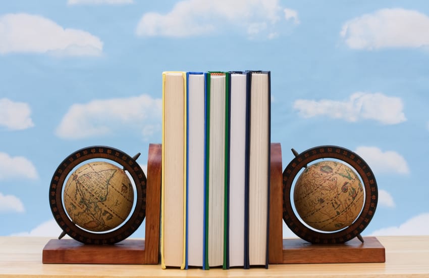 Books with globe bookends