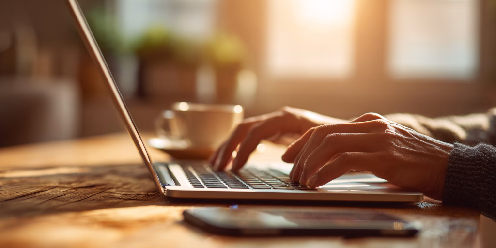 Customer completing online cash loan application on laptop in comfortable UK home