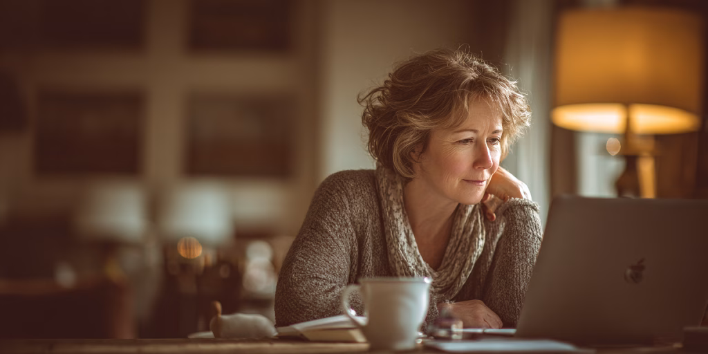 British woman reviewing £1000 loan options on laptop at home