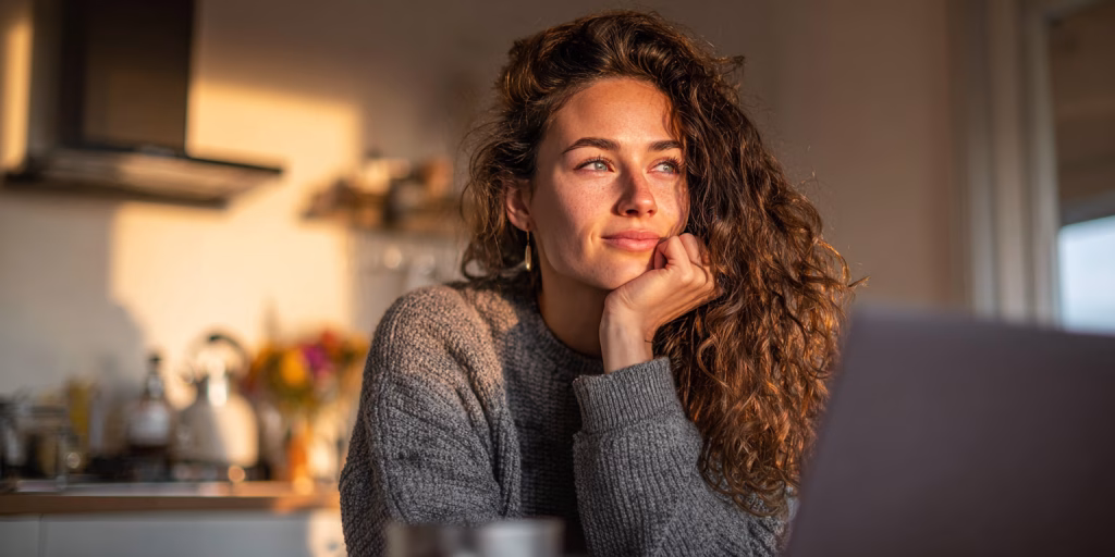 British woman reviewing £100 loan options on laptop at home