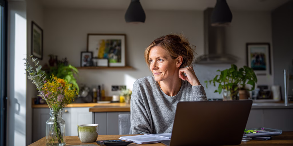 Woman planning 3 month loan repayments on laptop in UK home
