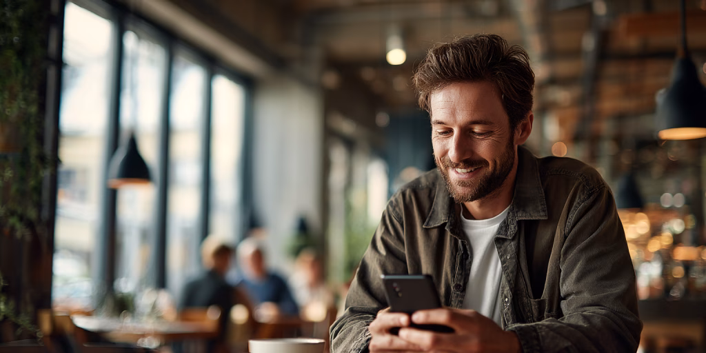 Person receiving instant loan decision on mobile phone in British cafe