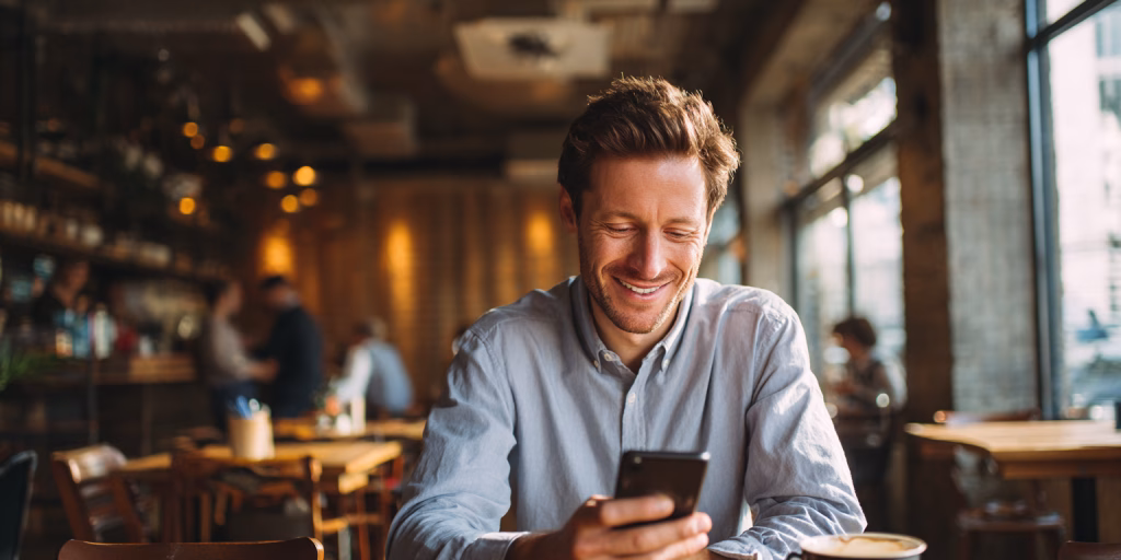 Person receiving instant 3 month loan approval on mobile in British cafe