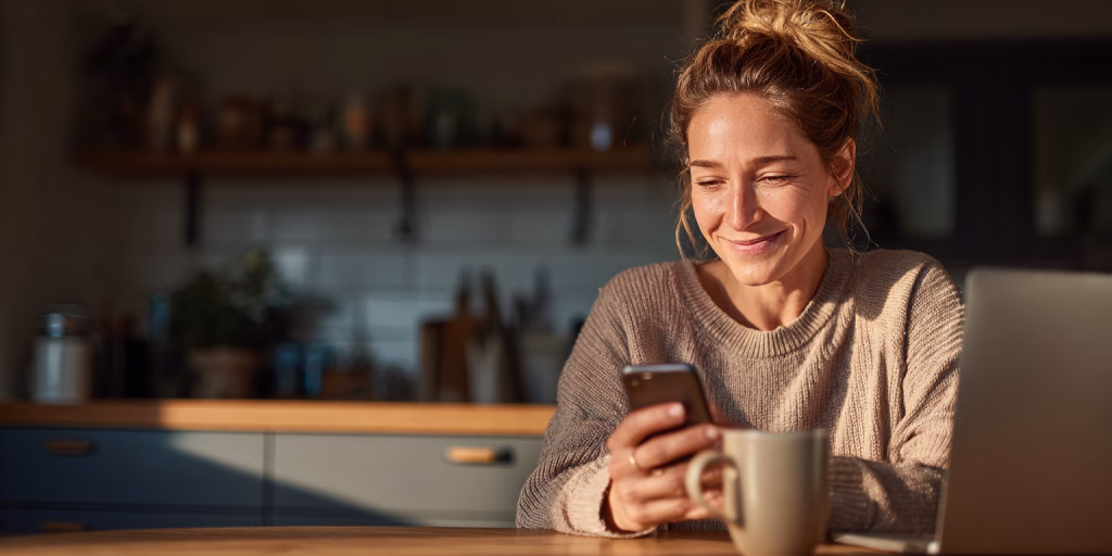 Person receiving same day loan approval on mobile phone in UK home