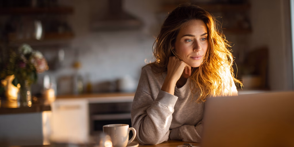 British woman reviewing bad credit loan options on laptop at home