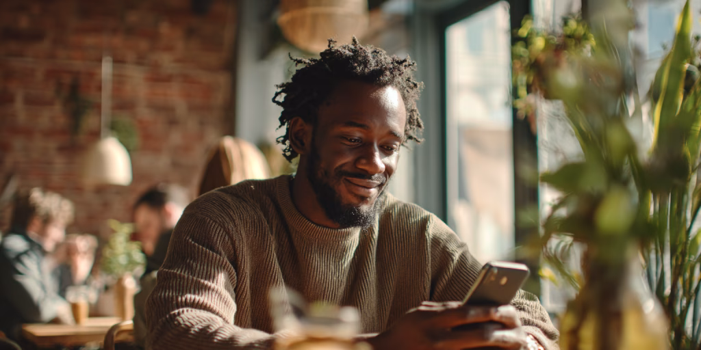 Person receiving instant no guarantor loan decision on mobile in UK cafe