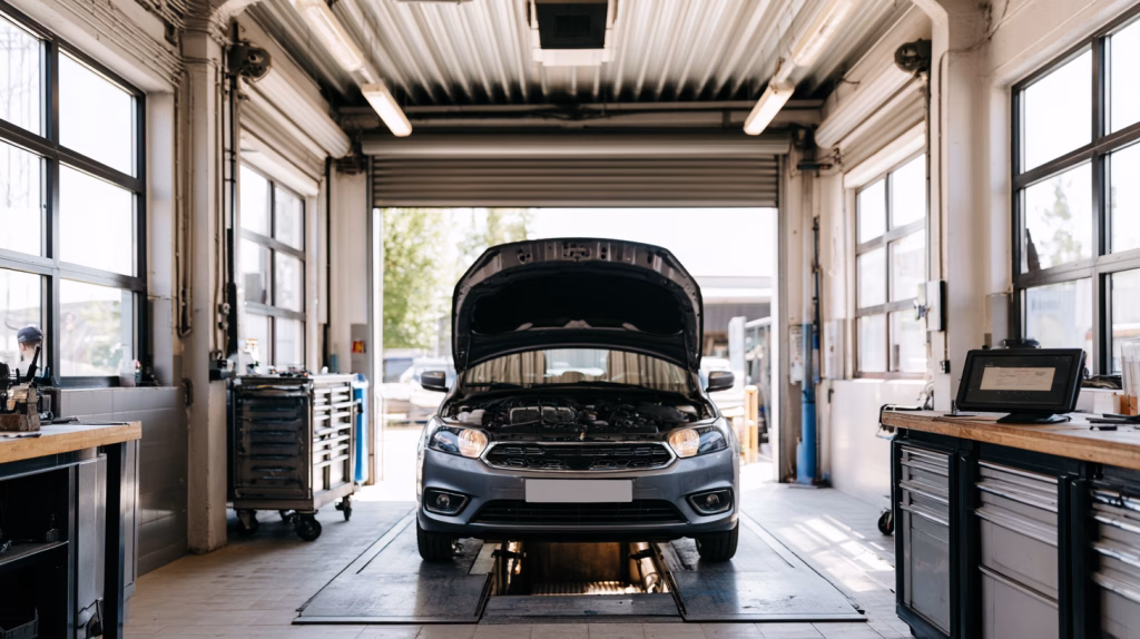 Car on a garage ramp mid repair, illustrating car repair loans for UK drivers