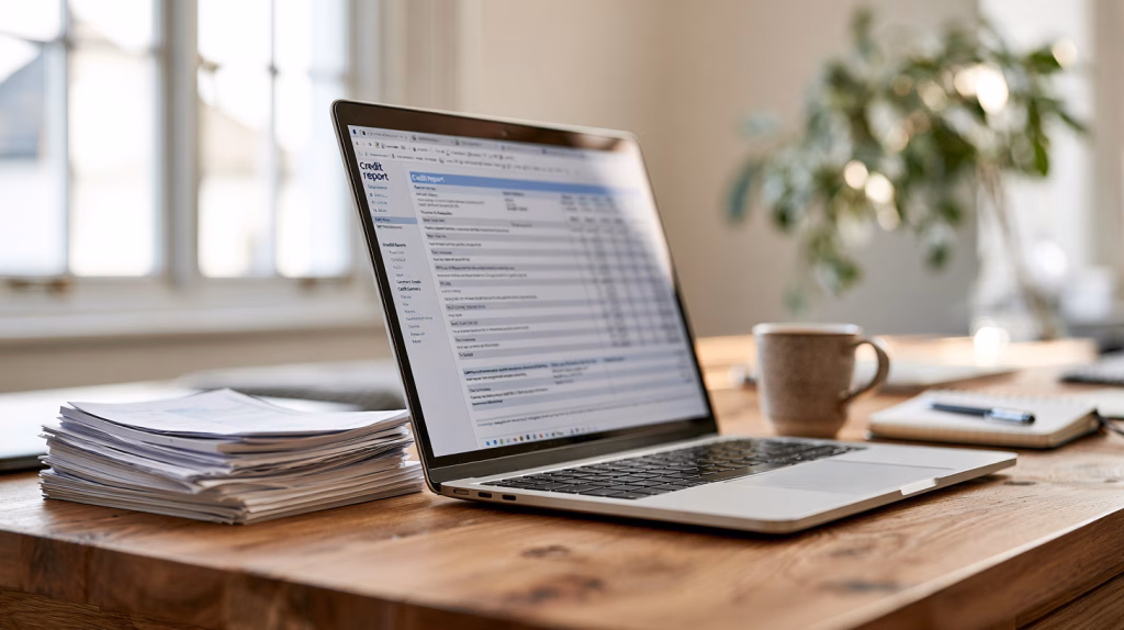 Desk with a laptop showing a credit report and paperwork, explaining adverse credit