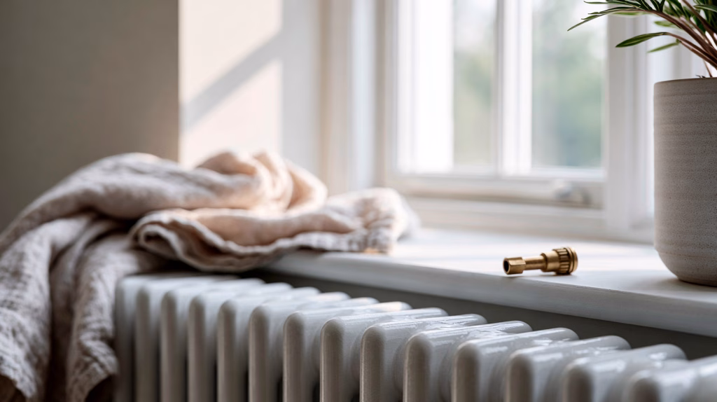 Radiator with a bleed key on a bright windowsill
