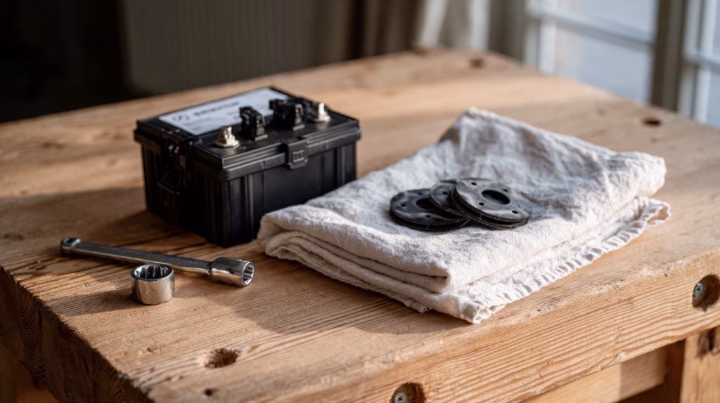 Car battery and tools on a workbench, a common car repair loans expense