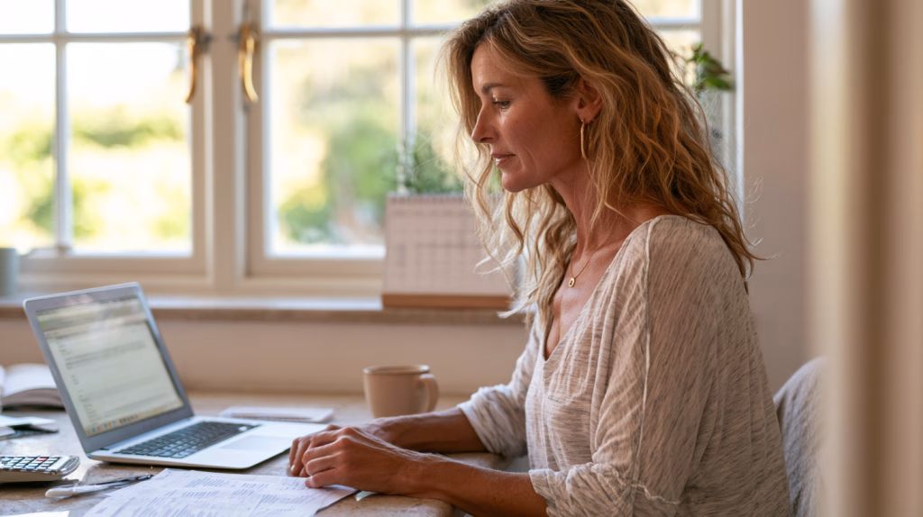 woman checking adverse credit on laptop at home
