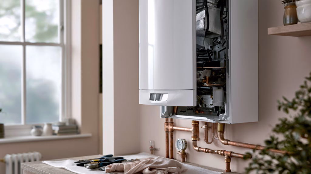 New combi boiler on a utility room wall with an engineer's tools