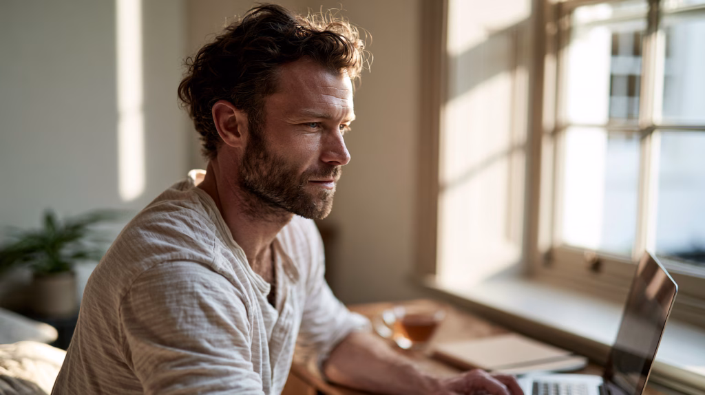 Man at a sunlit desk in a UK home reviewing his finances while working to improve his credit score