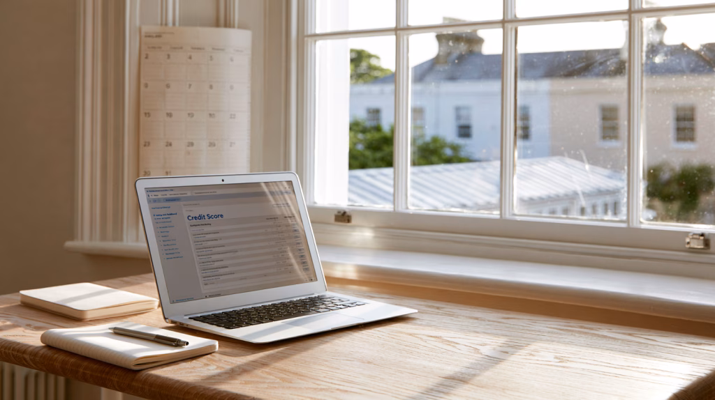 Laptop showing a credit report on a home desk, illustrating how long bad credit lasts